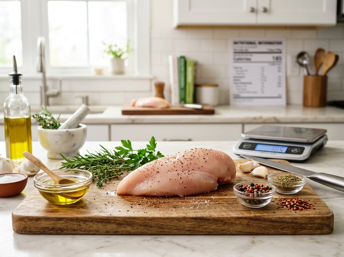 A raw chicken breast on a wooden cutting board surrounded by small bowls of herbs and spices in a kitchen setting.