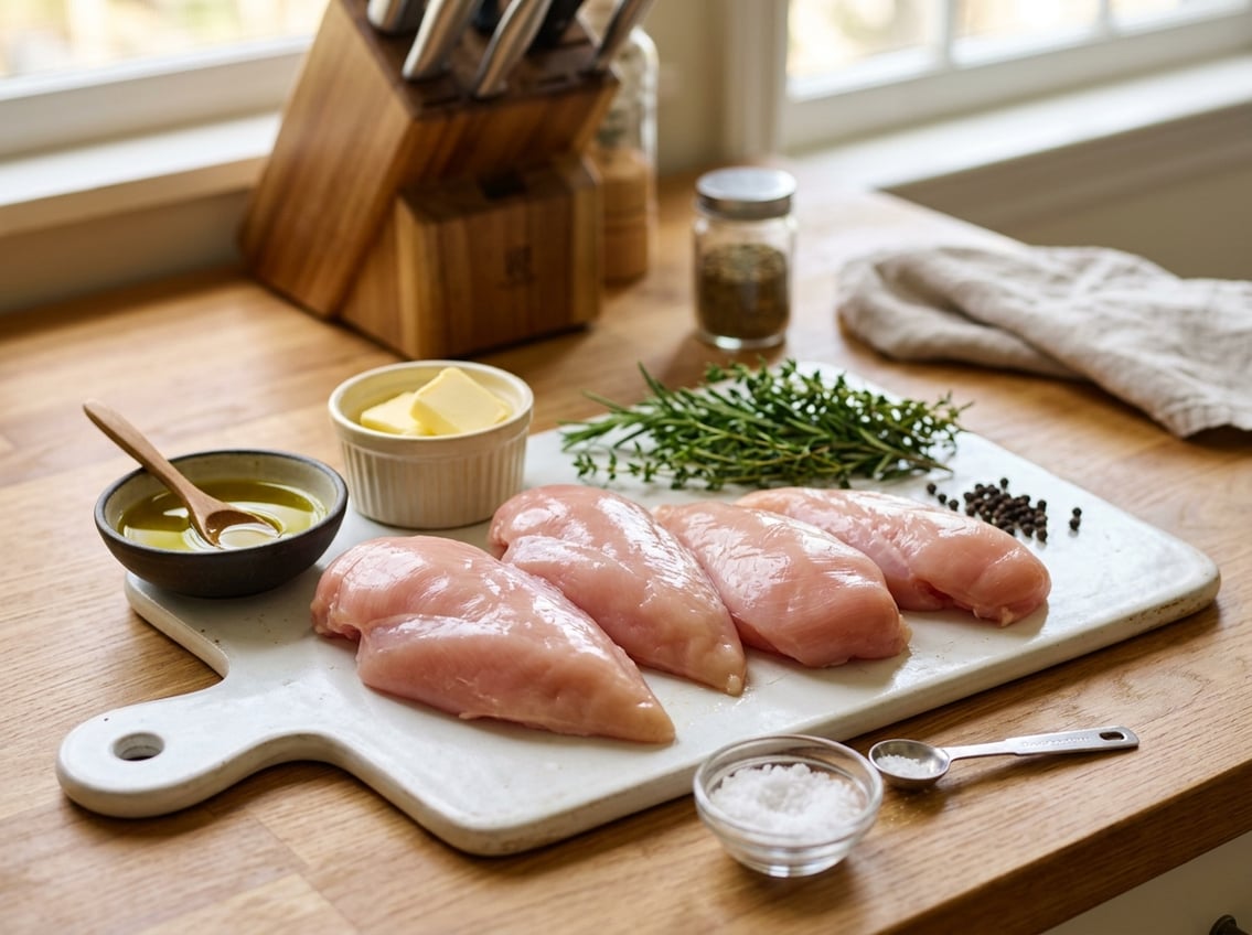 Close-up of raw chicken breasts on a cutting board with olive oil, herbs, and butter nearby on a kitchen countertop.
