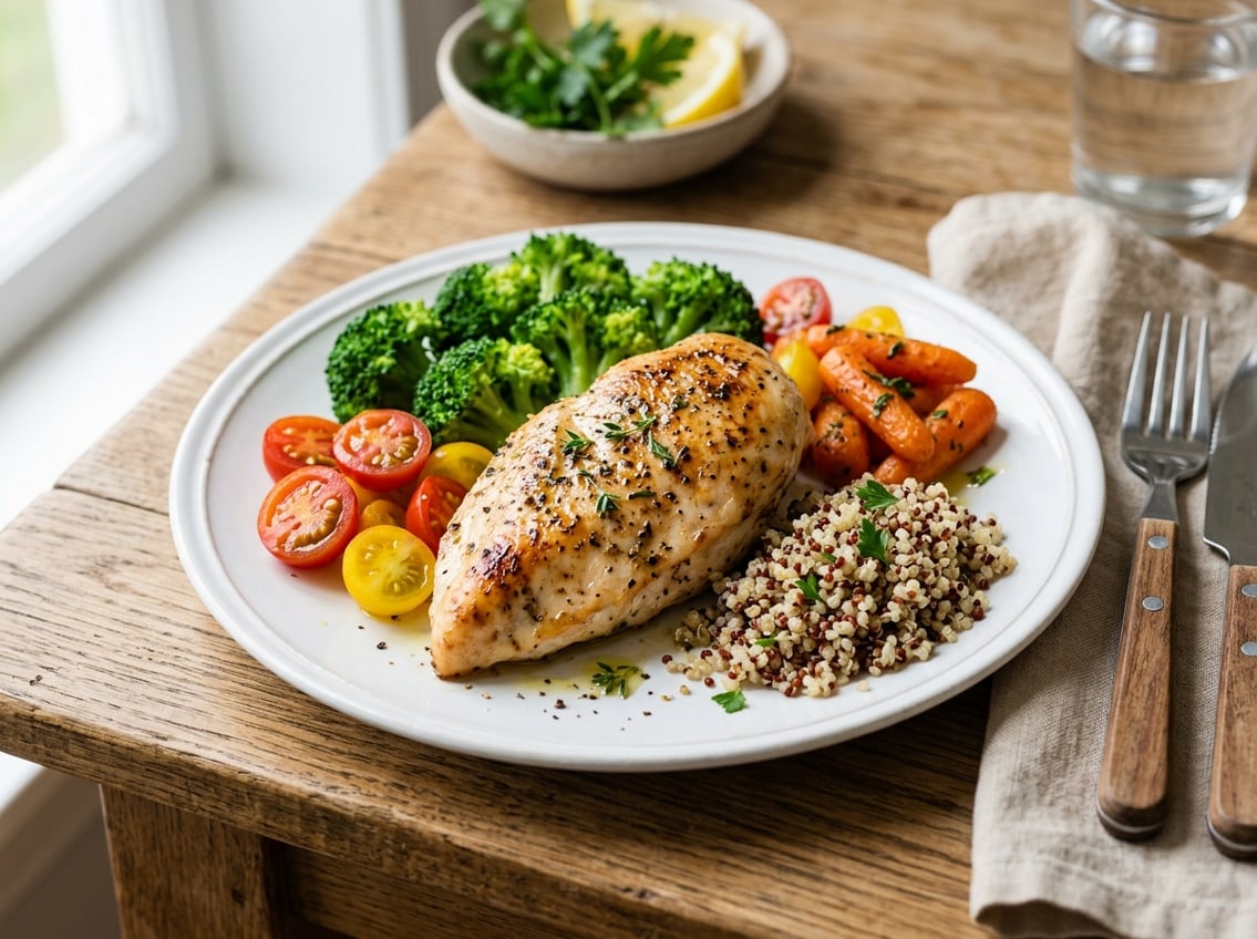 A plate with a cooked chicken breast served alongside fresh vegetables and grains on a wooden table.