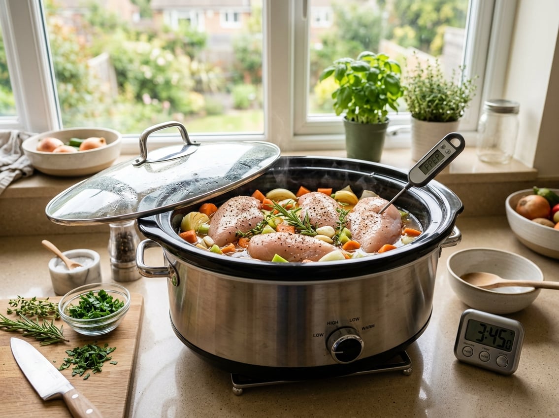A crock pot on a kitchen countertop cooking chicken breasts with vegetables inside, surrounded by a digital thermometer and timer.