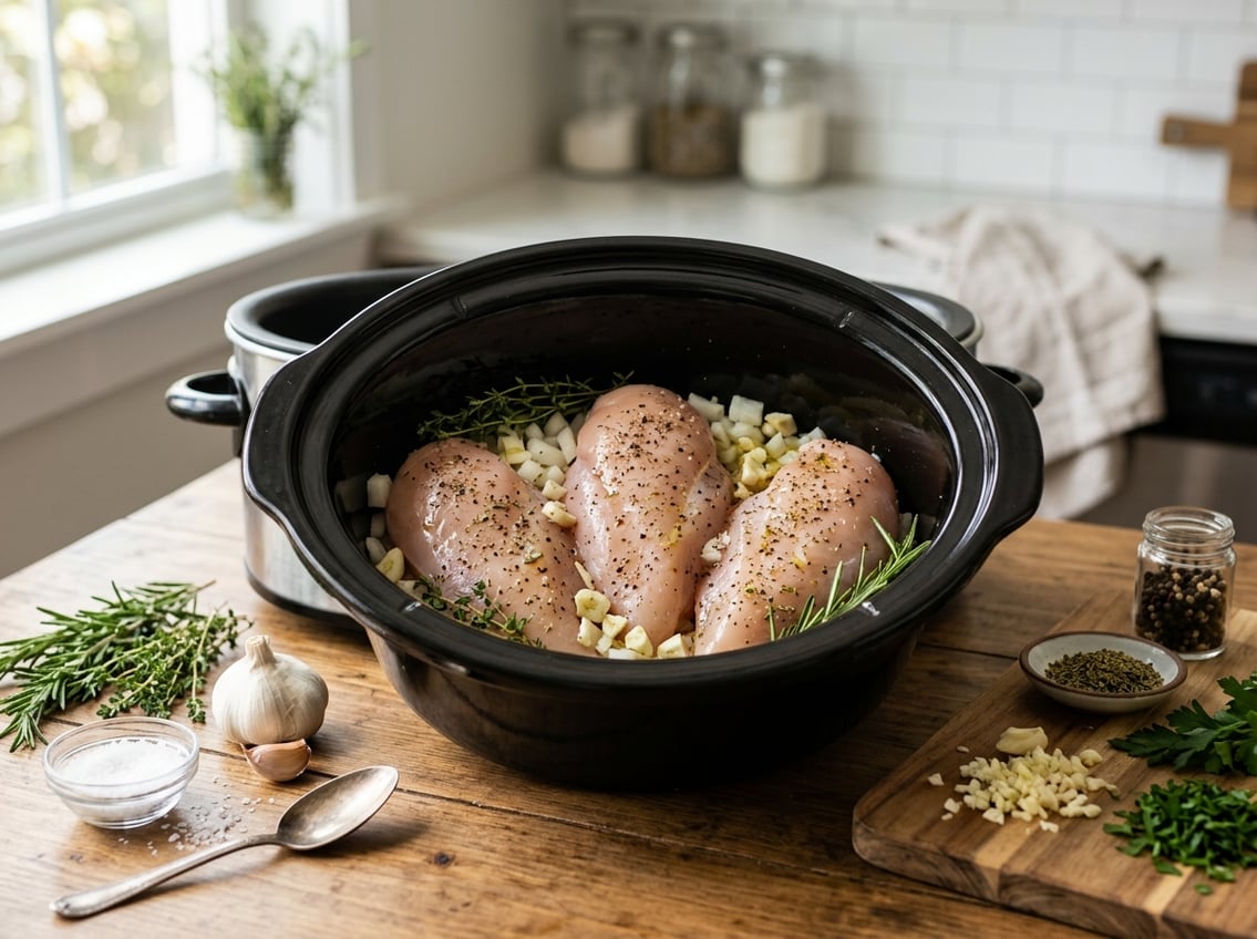 Close-up of raw chicken breasts inside a slow cooker with fresh herbs and spices on a kitchen countertop.