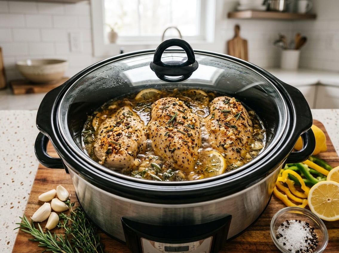 Close-up of seasoned chicken breasts cooking inside a crock pot on a kitchen countertop with fresh ingredients around.