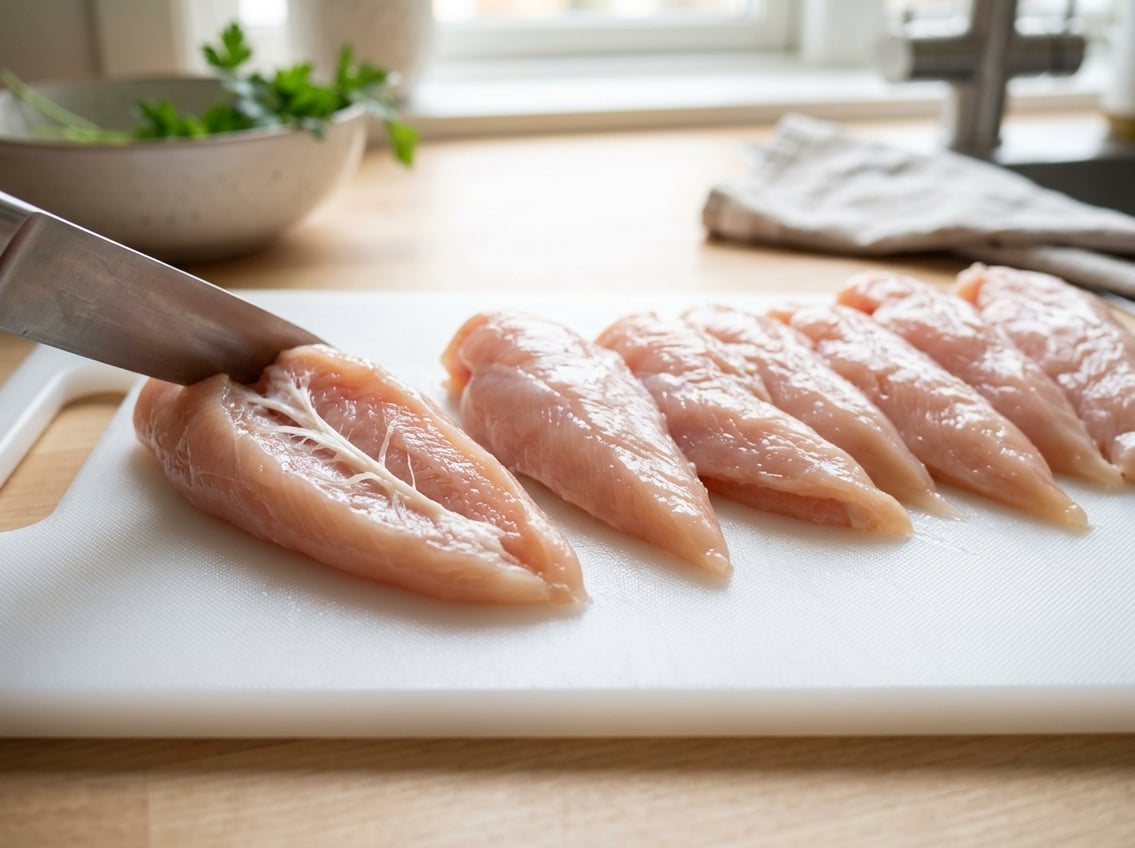 Close-up of raw chicken breast tenderloins on a cutting board with a visible white string tendon inside one piece.
