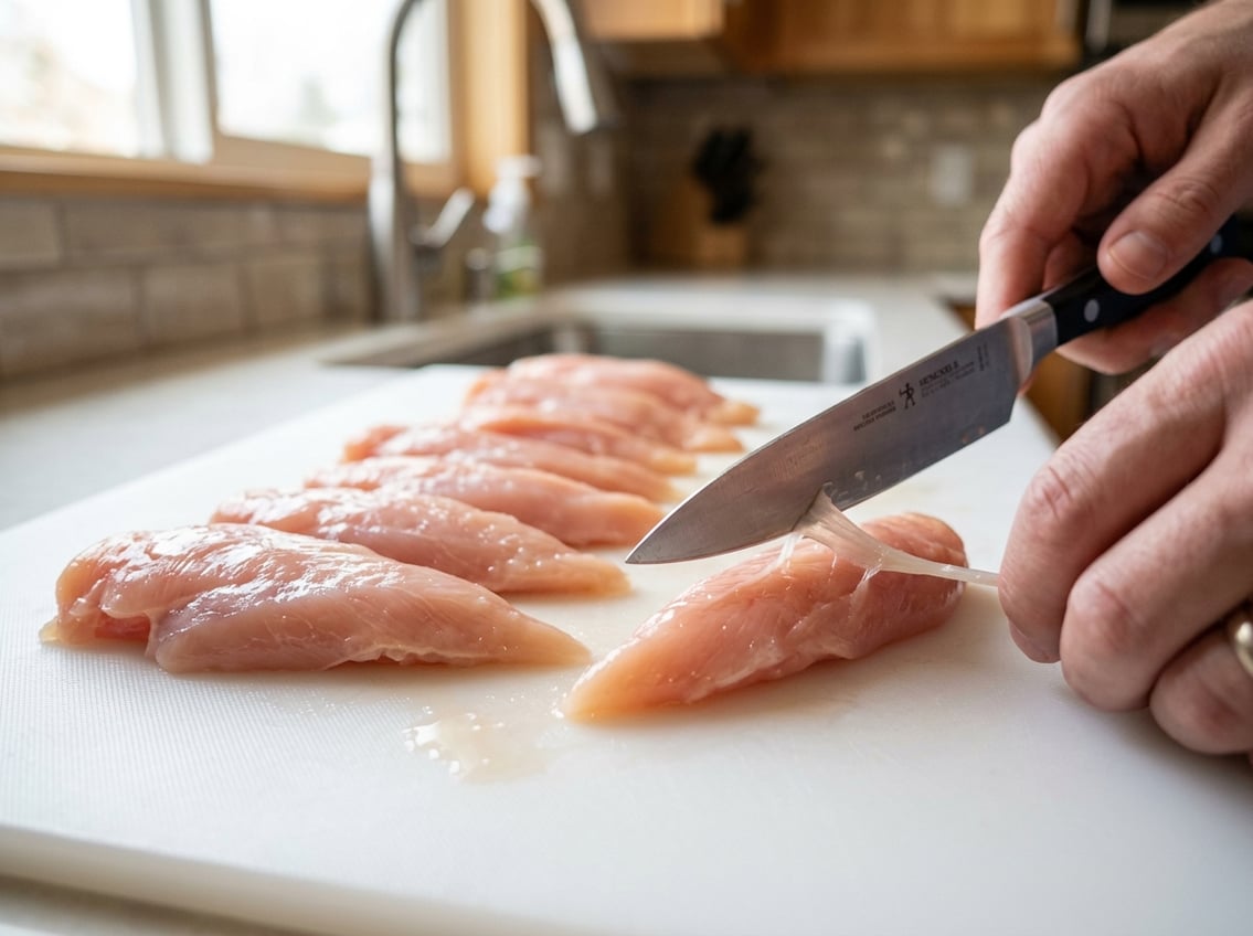 Close-up of raw chicken breast tenderloins on a cutting board with a knife removing a tendon.