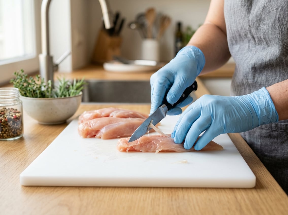 Hands trimming raw chicken breast tenderloins on a cutting board with a knife in a kitchen.