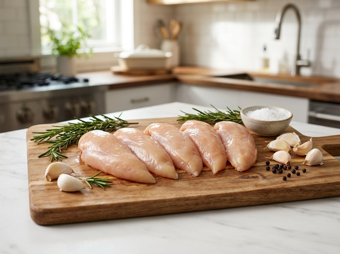 Close-up of raw chicken breast tenderloins on a wooden cutting board with fresh herbs and garlic in a kitchen.
