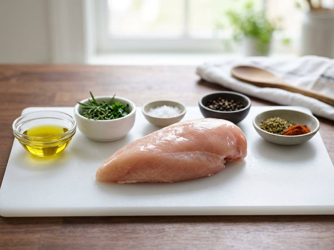 A fresh raw chicken breast on a white cutting board with small bowls of cooking ingredients around it.