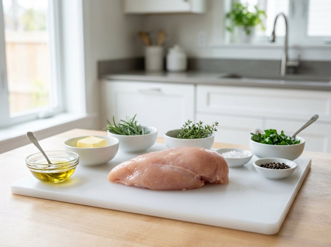 A raw chicken breast on a white cutting board with small bowls of olive oil, butter, and herbs around it in a bright kitchen.