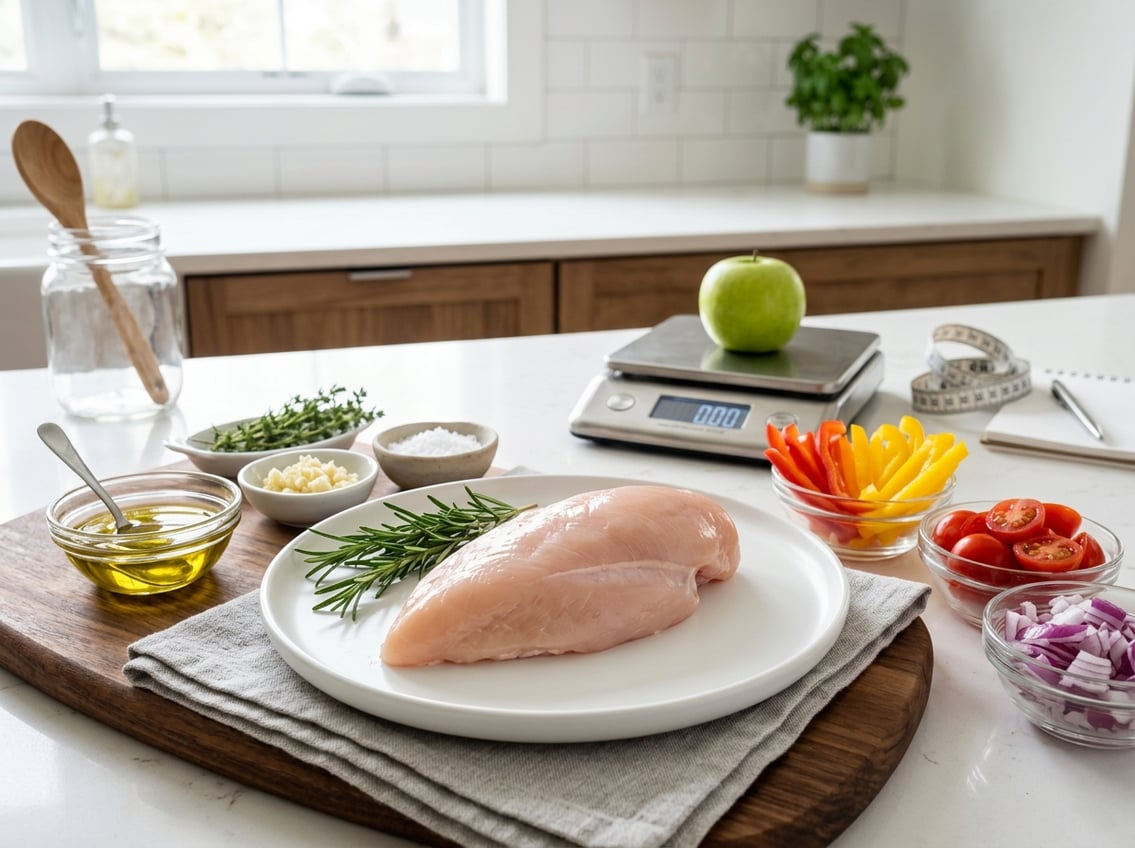 A raw chicken breast on a white plate surrounded by fresh herbs, vegetables, and kitchen tools on a countertop.