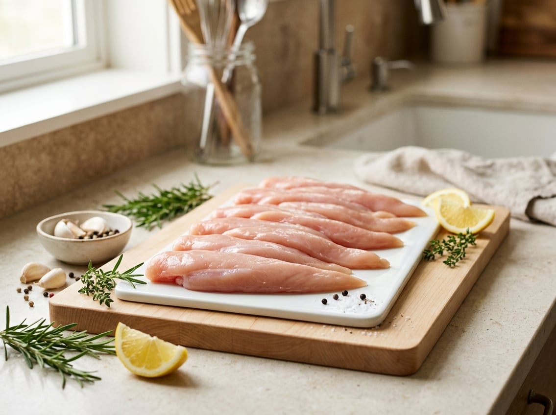 Raw chicken breast tenderloins arranged on a cutting board with fresh herbs, garlic, and lemon wedges nearby.