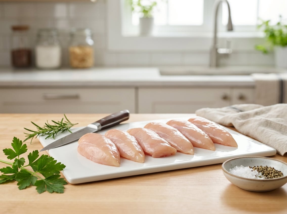 Fresh raw chicken breast tenderloins on a white cutting board with herbs and a knife in a kitchen.