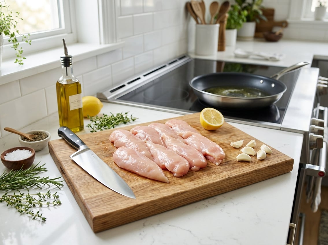 A kitchen counter with raw chicken breast tenderloins on a cutting board surrounded by fresh herbs, garlic, lemon, and a kitchen knife.