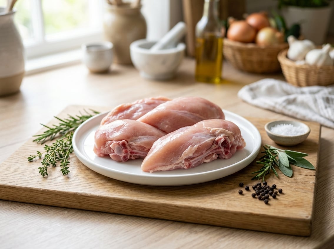 Raw chicken breasts with rib meat arranged on a white plate with fresh herbs on a wooden cutting board in a bright kitchen.