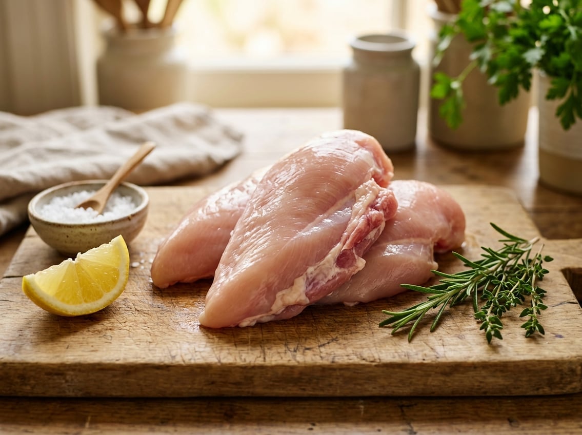 Close-up of raw chicken breast with rib meat on a wooden cutting board surrounded by fresh herbs and a lemon wedge.