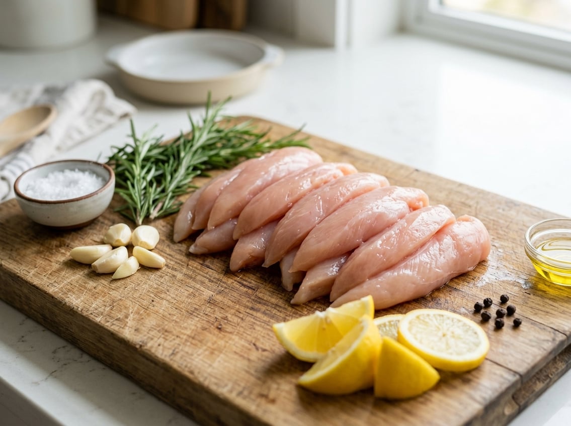 Close-up of raw boneless chicken breast tenderloins on a wooden cutting board with fresh herbs, garlic, lemon wedges, and salt nearby.
