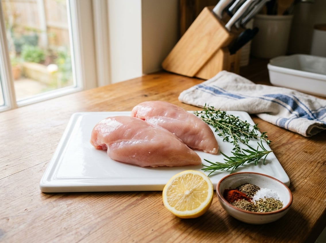 Fresh raw chicken breasts with rib meat on a cutting board surrounded by herbs and spices in a bright kitchen.