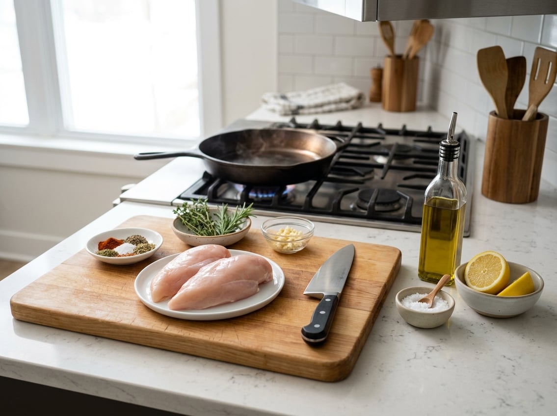 Kitchen countertop with raw chicken breasts, seasoning, olive oil, lemon, herbs, knife, cutting board, and a frying pan heating on the stove.