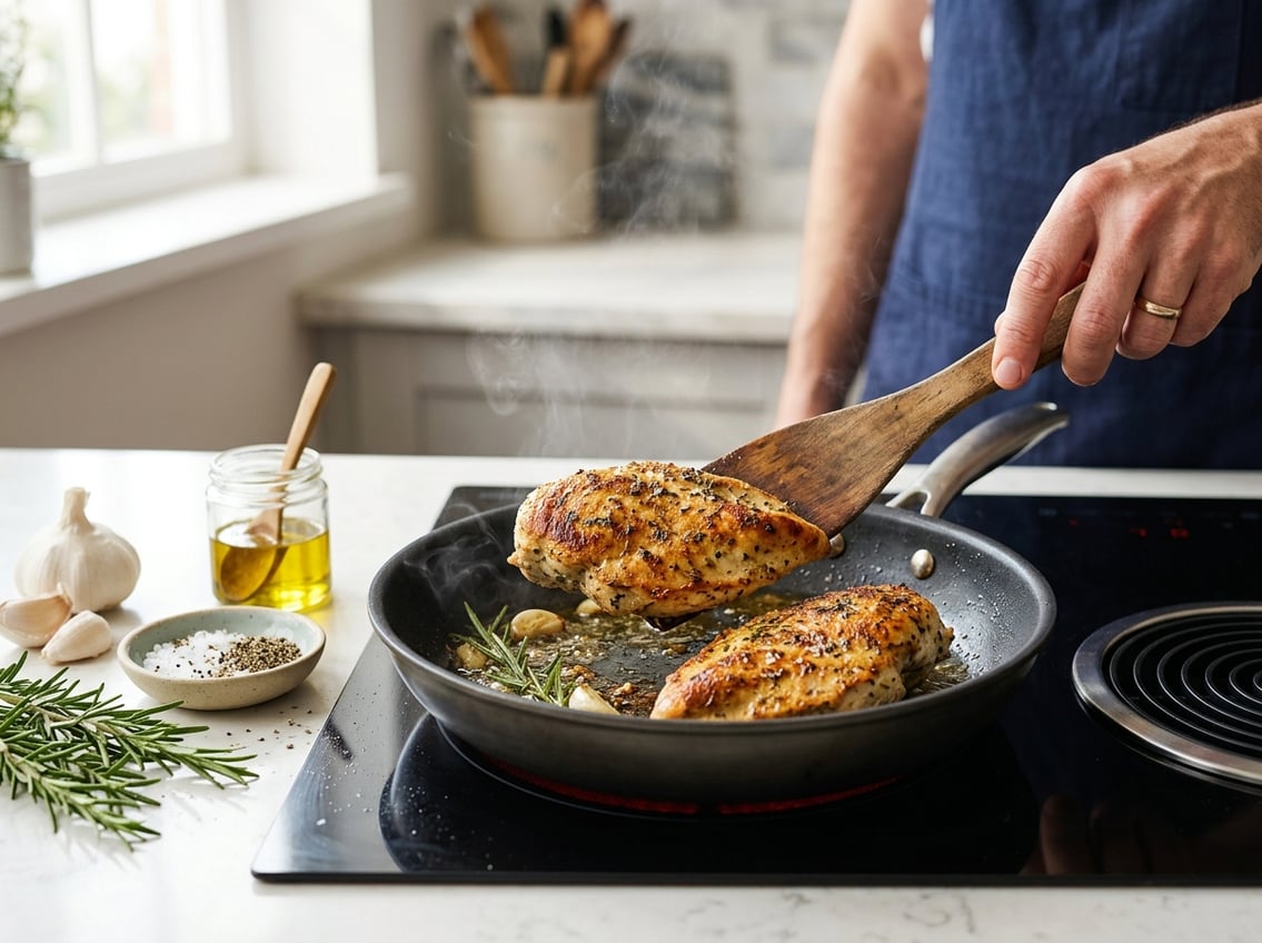 Close-up of chicken breasts cooking in a skillet on a stove with a hand flipping the chicken using a wooden spatula and fresh ingredients nearby.