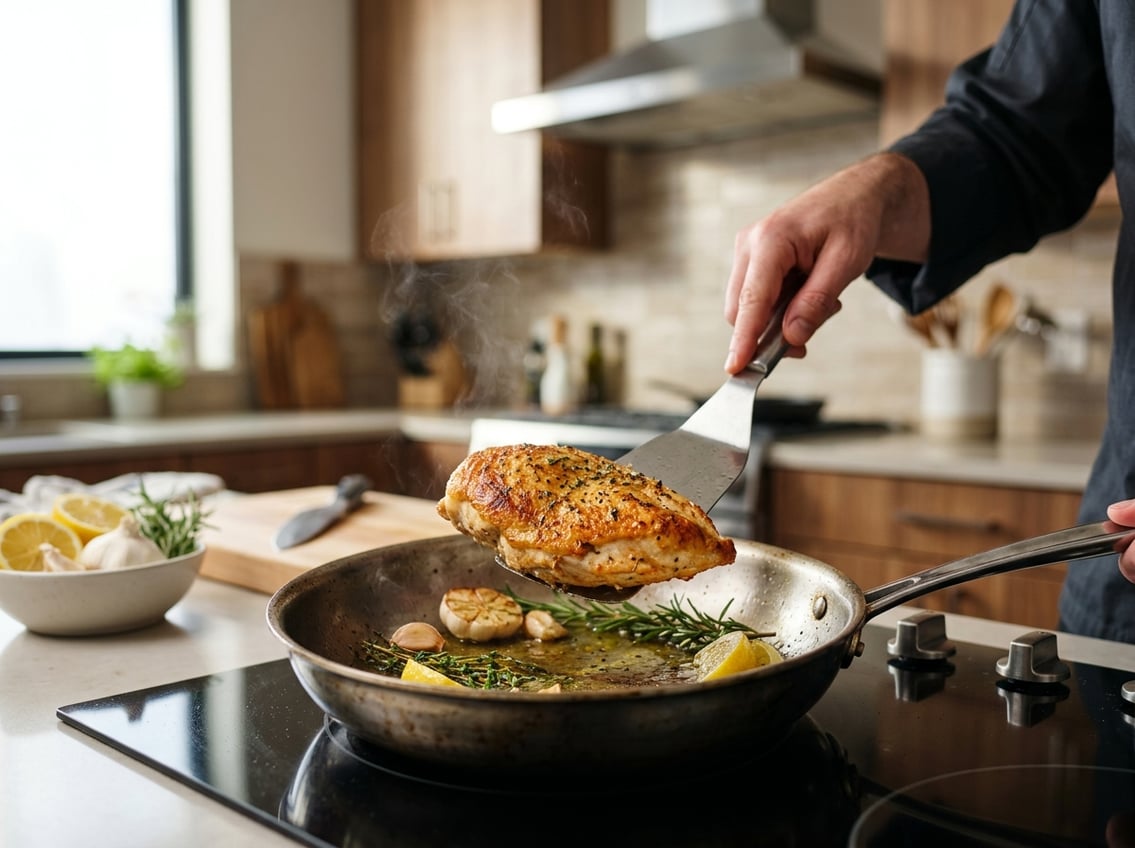 A chicken breast cooking in a skillet on a stovetop with fresh ingredients nearby and a hand flipping the chicken with a spatula.