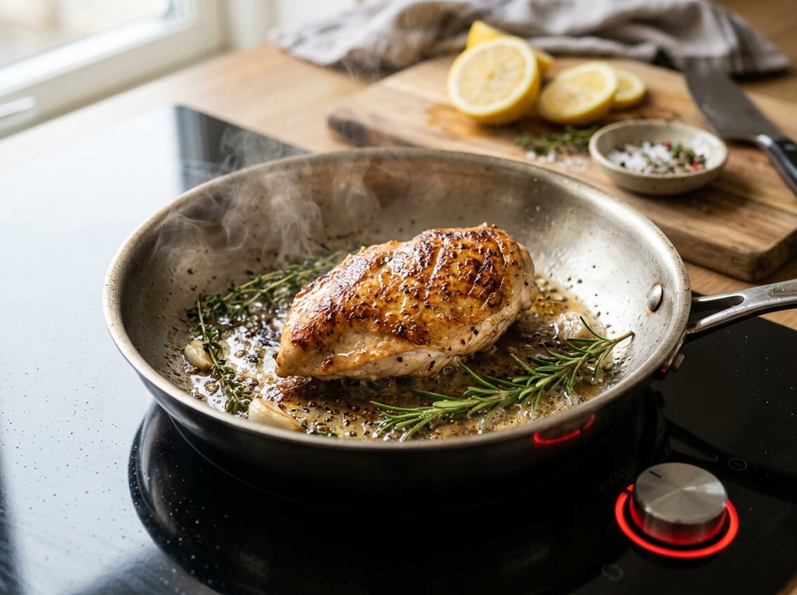 Close-up of a cooked chicken breast sizzling in a skillet on a stove with fresh herbs and steam rising.