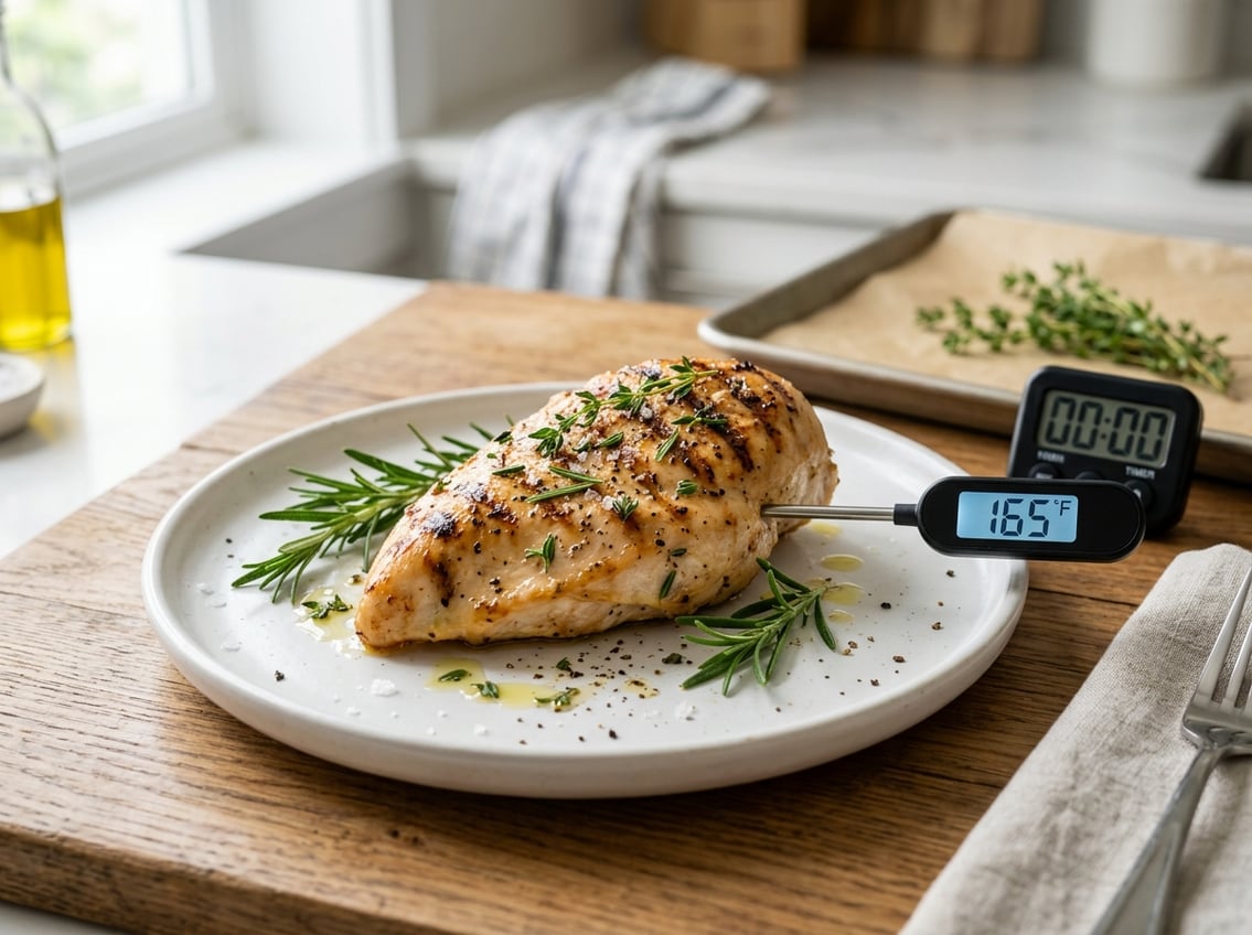 A cooked chicken breast on a plate garnished with herbs next to a thermometer and timer on a kitchen countertop.