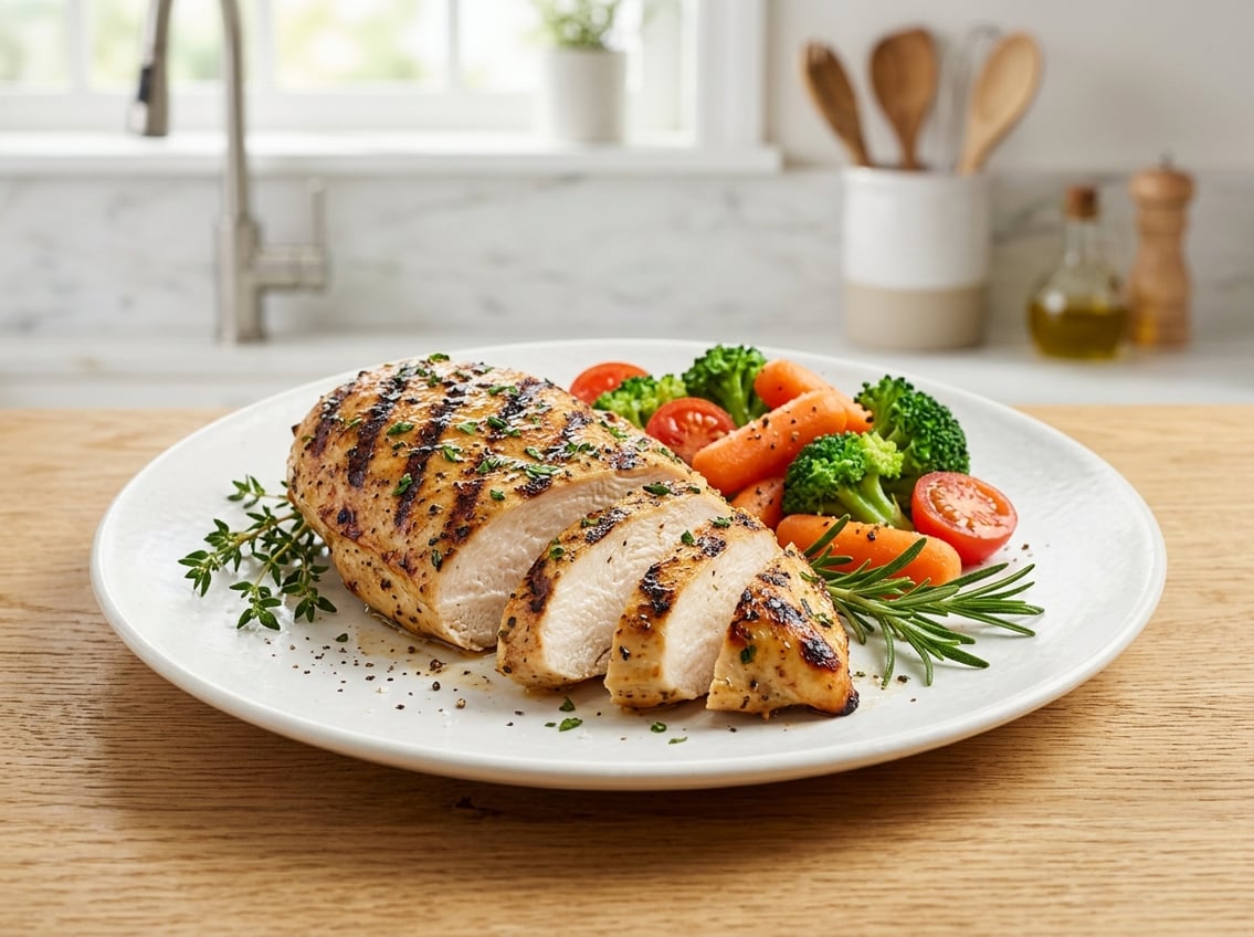 A sliced, golden brown chicken breast on a plate with fresh herbs and steamed vegetables on a kitchen countertop.