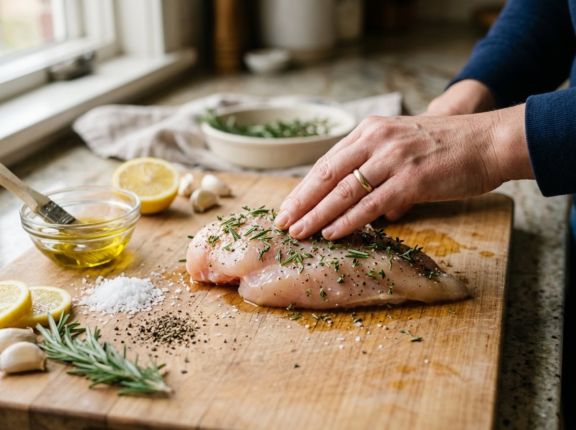 Close-up of a raw chicken breast being seasoned with herbs and olive oil on a wooden cutting board.