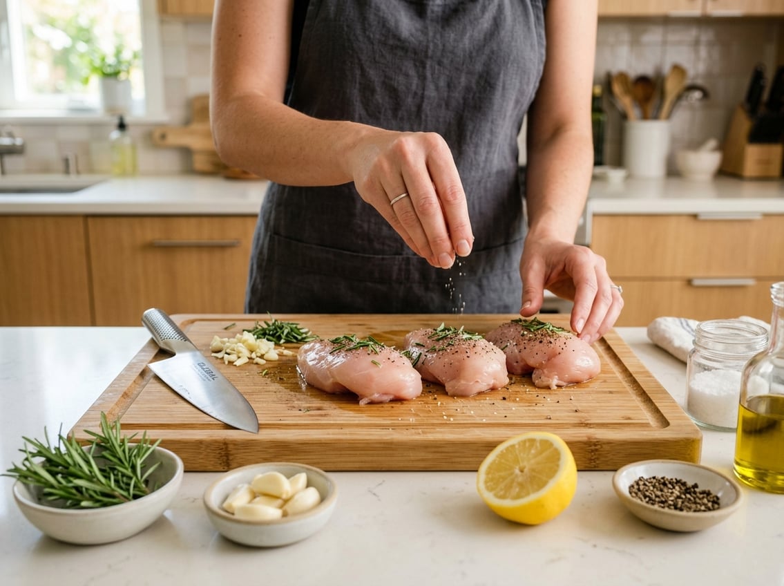 Hands seasoning raw chicken breasts on a cutting board with fresh herbs and ingredients nearby in a kitchen.