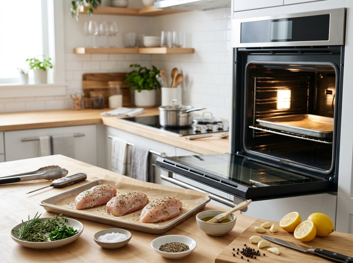 A kitchen scene showing raw seasoned chicken breasts on a baking tray ready to be cooked in an open oven, surrounded by spices and cooking utensils.