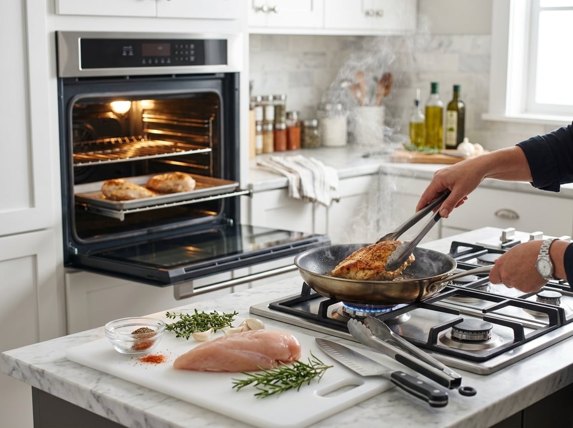 A kitchen scene showing raw chicken breast on a cutting board with herbs, a skillet on the stove cooking chicken, and an oven with chicken baking inside.