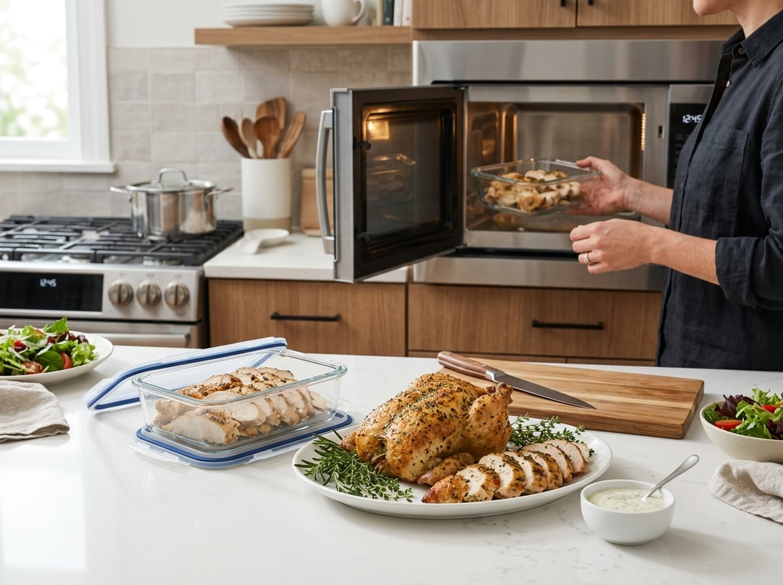 A kitchen scene showing cooked chicken breast on a plate, leftover chicken stored in a glass container, and a hand reheating the leftovers in a microwave.