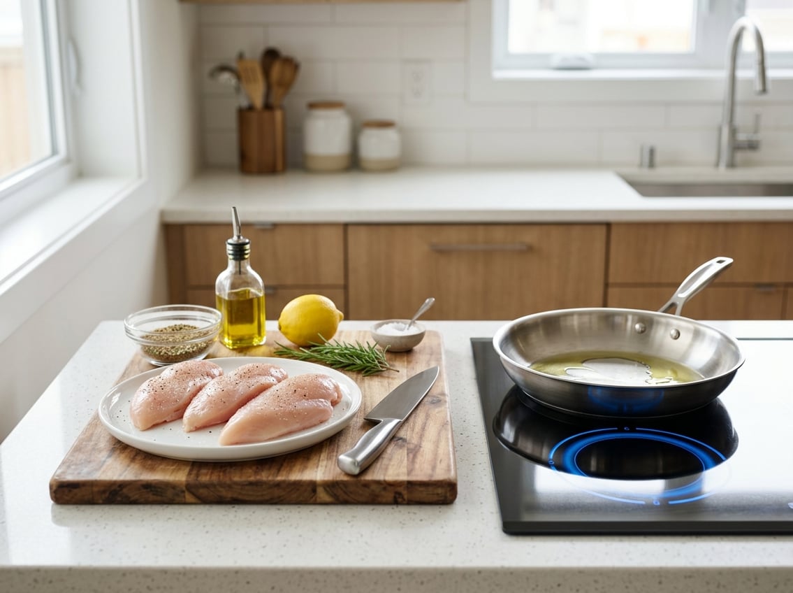 A kitchen countertop with raw chicken breasts, spices, olive oil, lemon, rosemary, a knife, cutting board, and a frying pan on a stove ready for cooking.