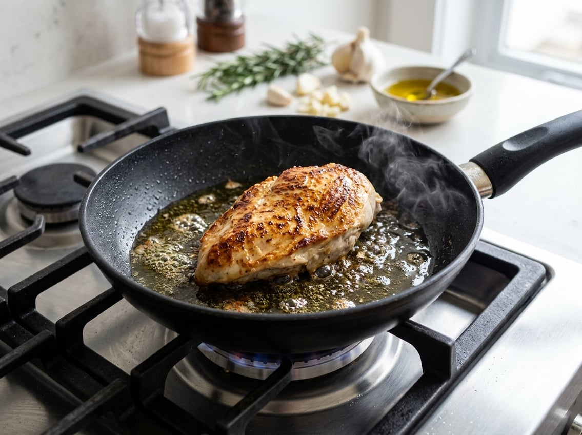 Close-up of a chicken breast cooking in a frying pan on a stovetop with fresh herbs and ingredients nearby.