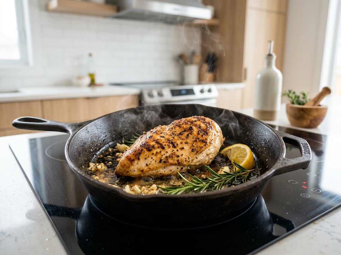A golden brown chicken breast cooking in a pan with fresh herbs and lemon wedges nearby.
