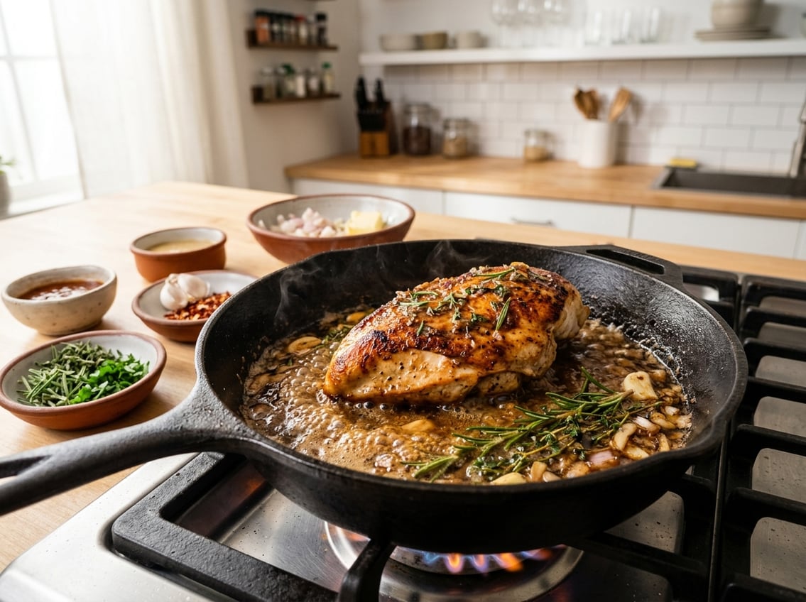 A cooked chicken breast searing in a pan with sauce and fresh herbs on a stovetop, with bowls of sauces and leftovers on a countertop nearby.