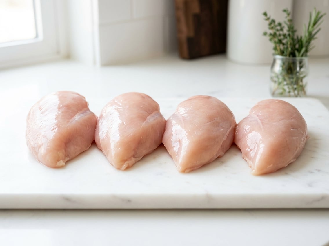Fresh raw chicken breasts on a clean white surface.