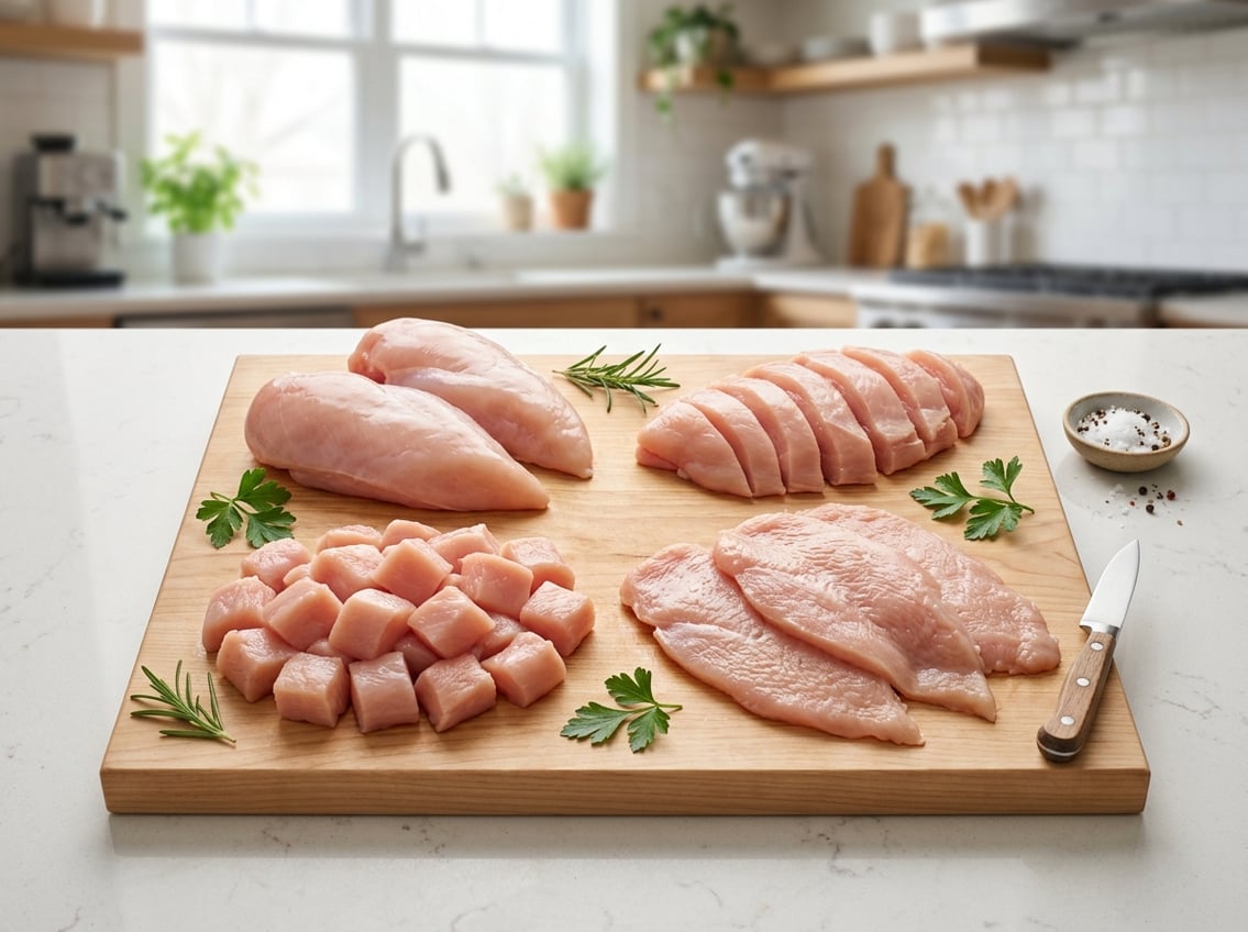 Various cuts of raw chicken breast displayed on a white cutting board in a kitchen.