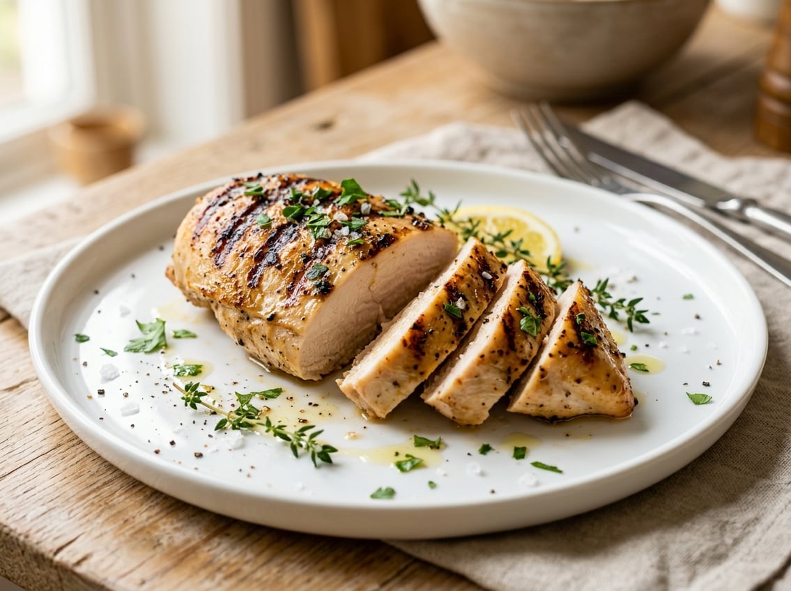 A cooked chicken breast on a white plate garnished with green herbs.