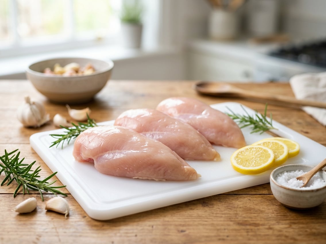 Fresh raw chicken breasts on a white cutting board with herbs, garlic, and lemon slices in a kitchen setting.