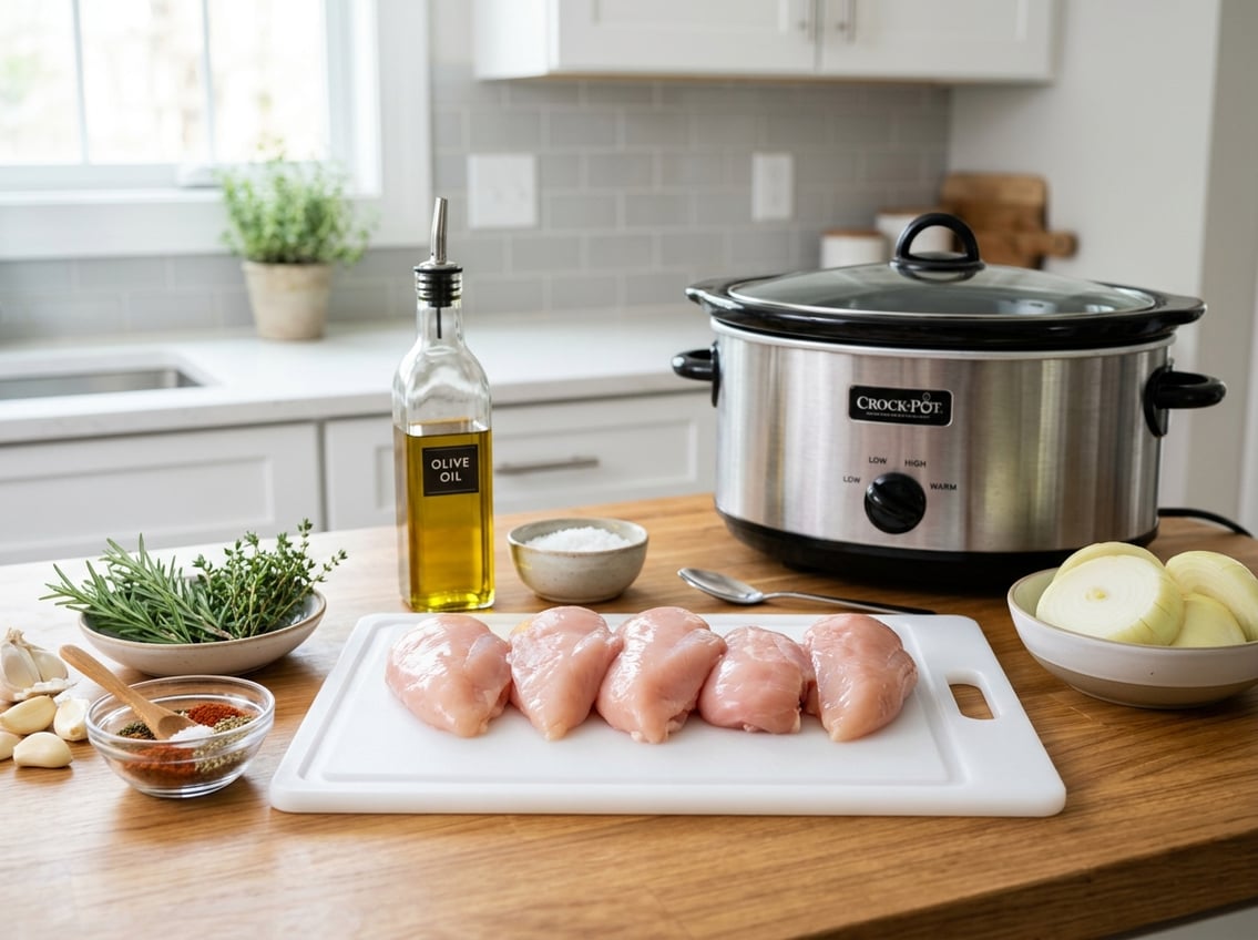 Fresh raw chicken breasts on a cutting board surrounded by herbs, garlic, onions, spices, and a crockpot on a kitchen countertop.