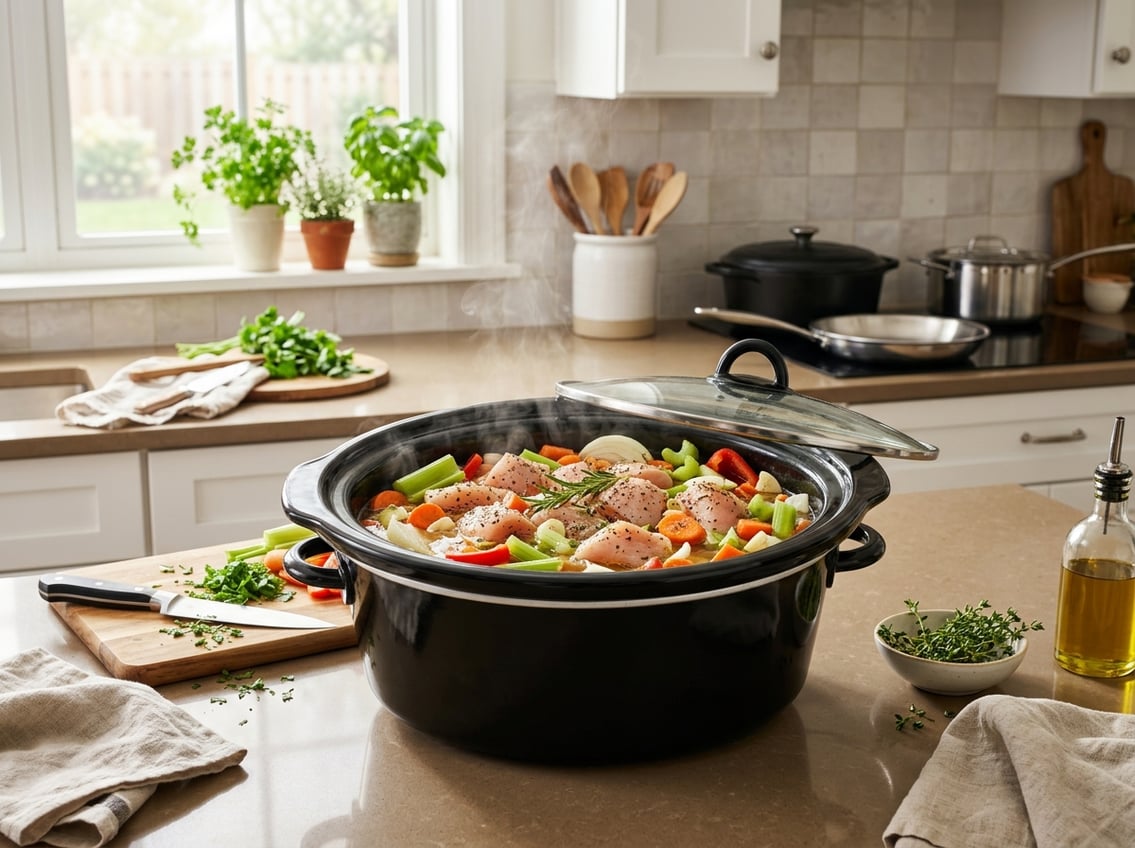 Slow cooker on a kitchen counter with raw chicken breasts and vegetables inside, surrounded by kitchen utensils.