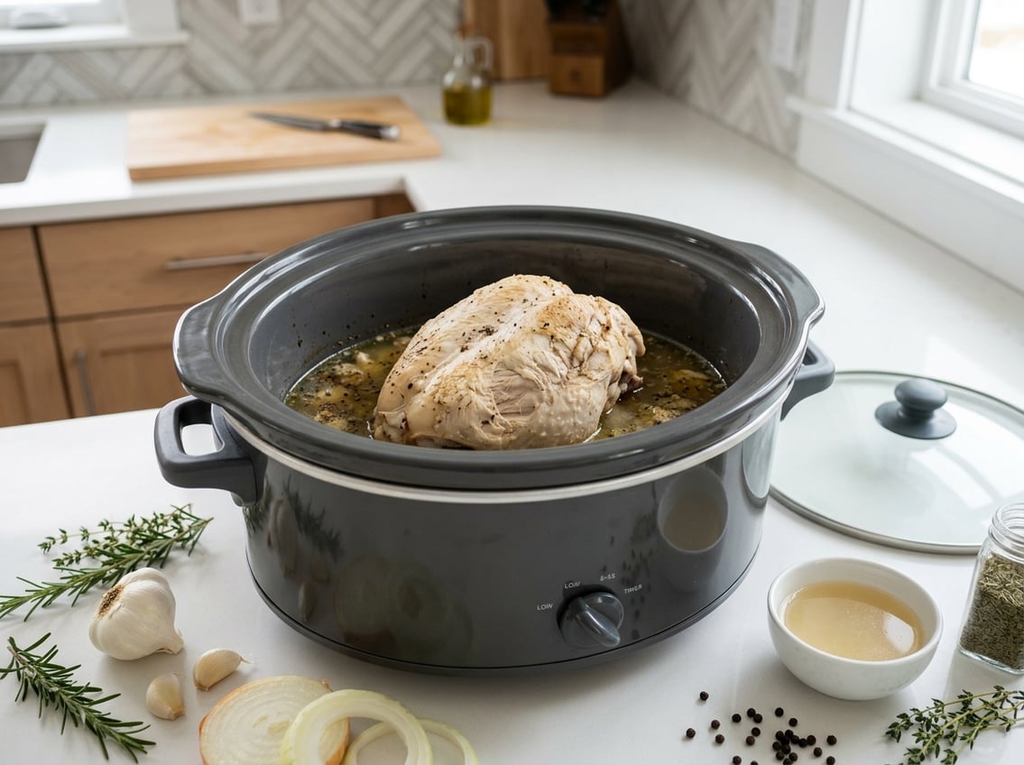 A slow cooker with a partially cooked chicken breast inside, surrounded by fresh cooking ingredients on a kitchen countertop.