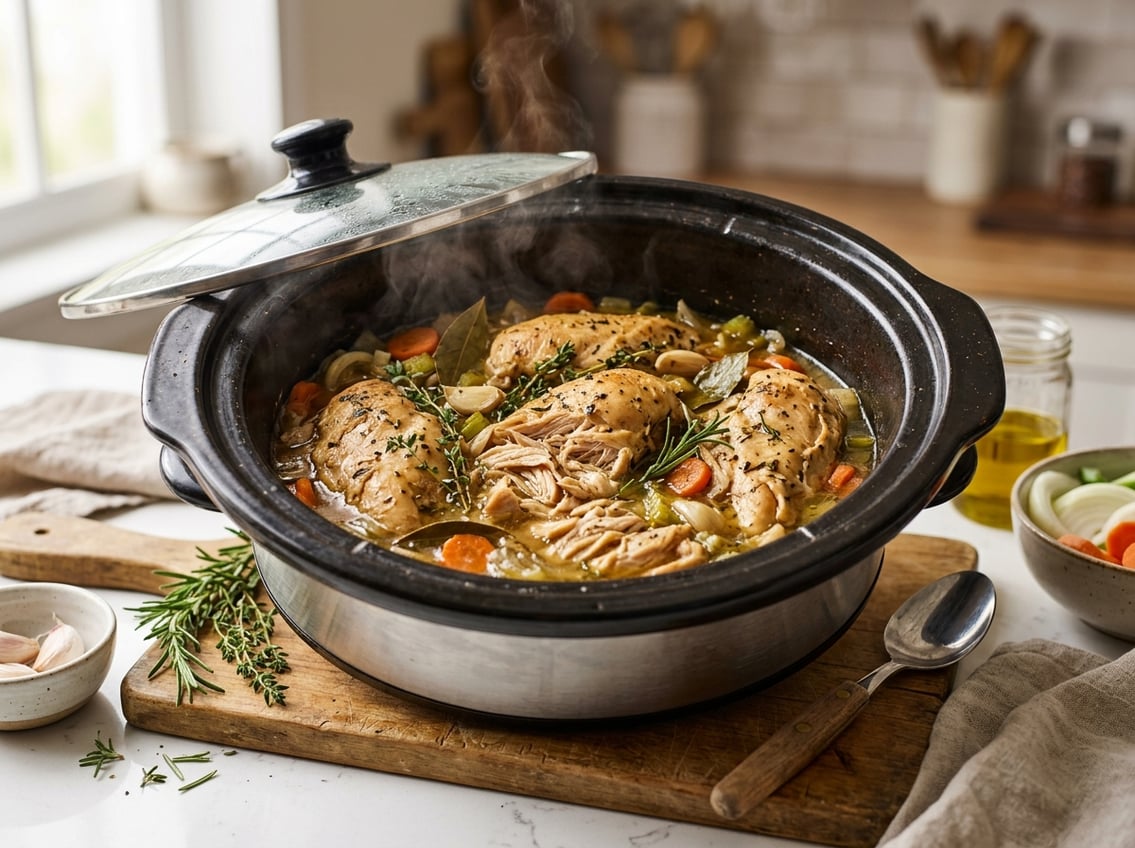 Close-up of a slow cooker with cooked chicken breasts inside on a kitchen countertop surrounded by fresh ingredients.