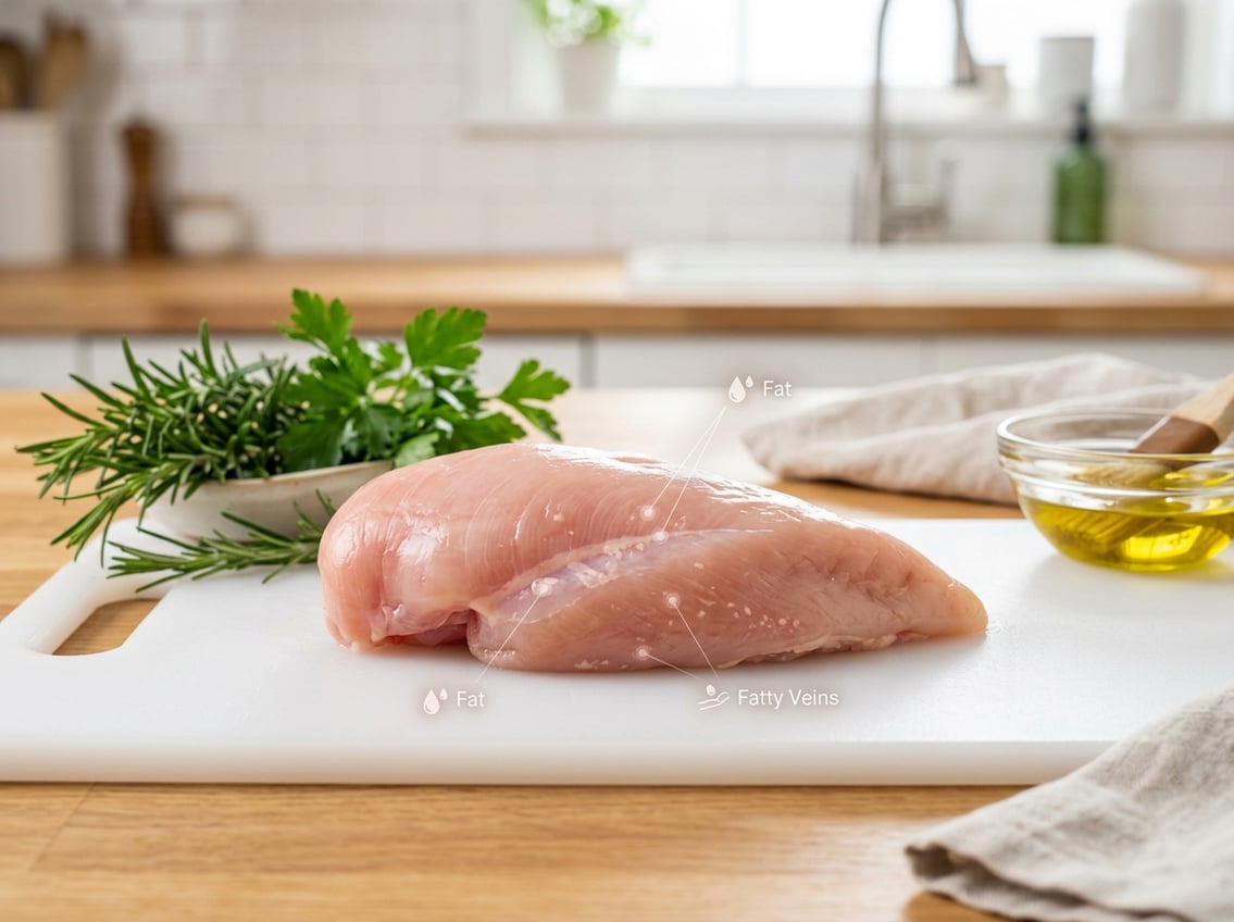 A raw chicken breast on a white cutting board with fresh herbs nearby in a bright kitchen.