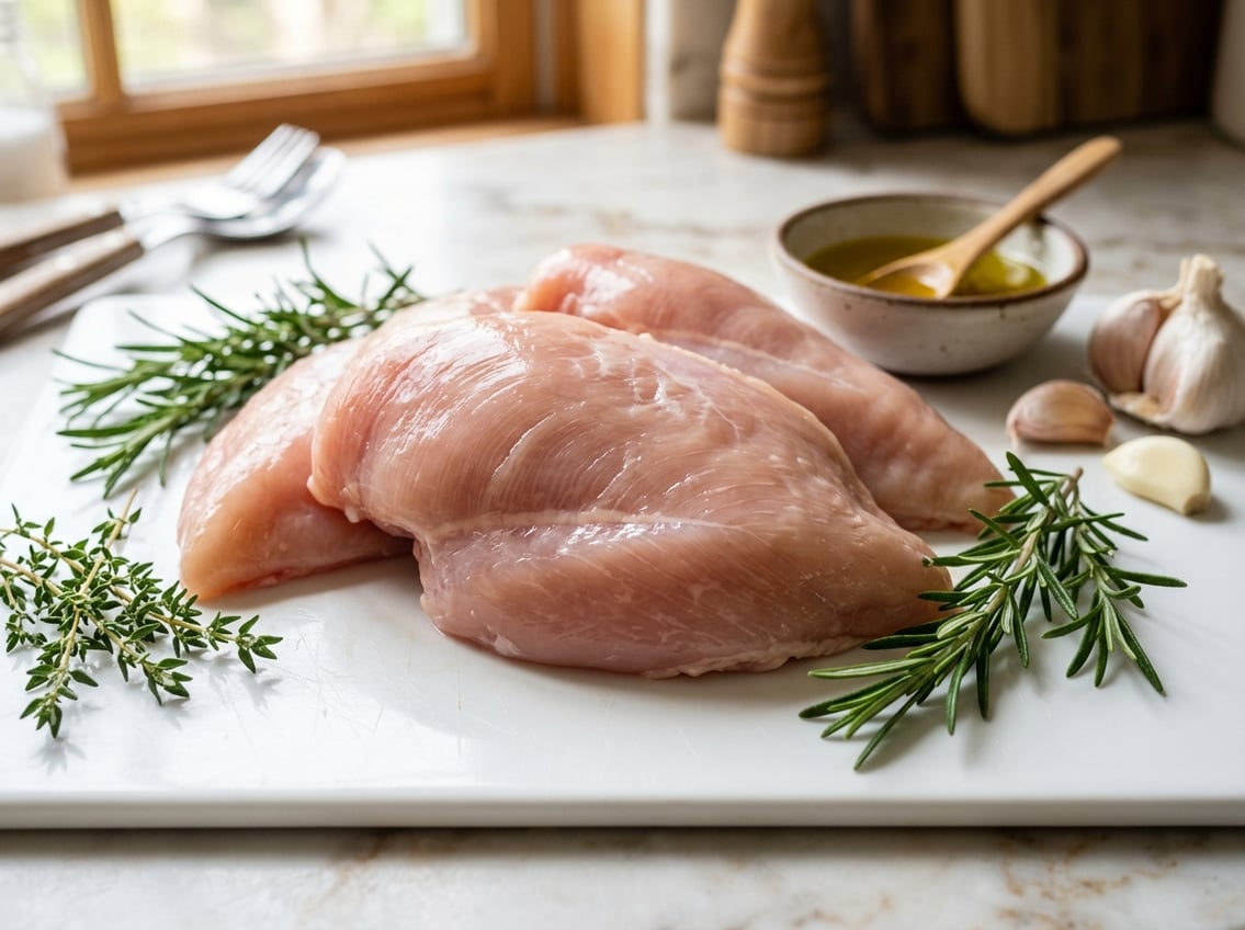Close-up of raw chicken breasts on a cutting board with herbs and garlic nearby.