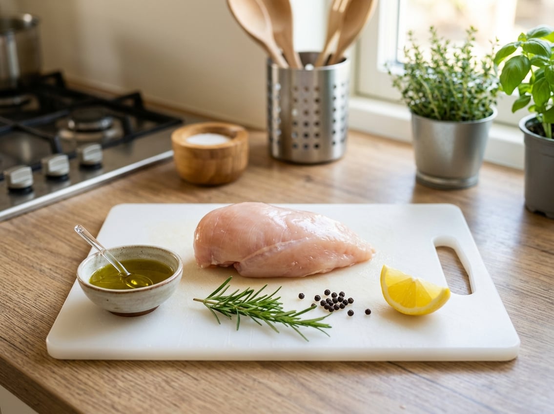 A raw chicken breast on a white cutting board surrounded by olive oil, rosemary, peppercorns, and a lemon wedge in a kitchen setting.