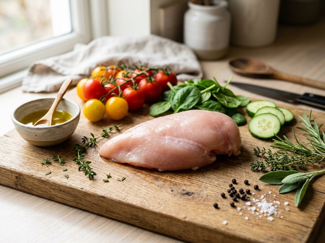 A raw chicken breast on a wooden cutting board surrounded by fresh vegetables and herbs.