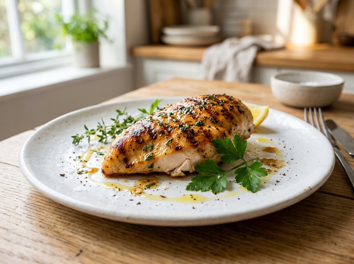 A cooked chicken breast on a white plate garnished with fresh herbs.