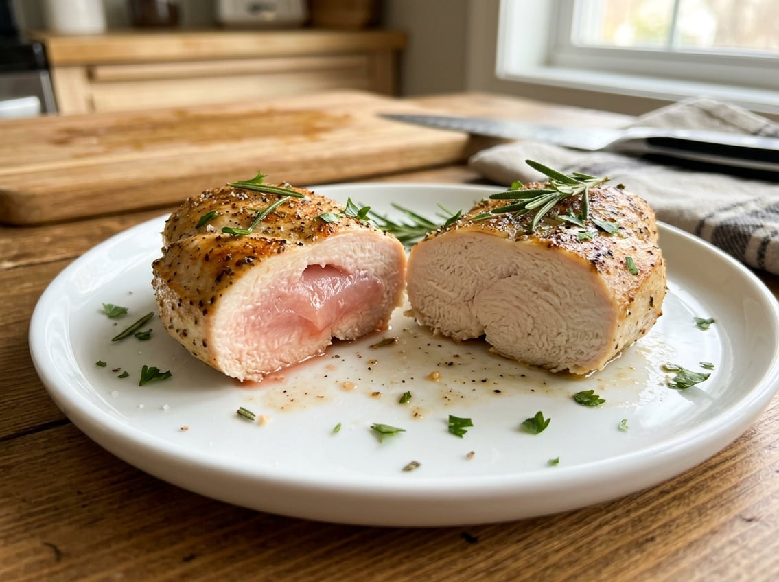 Close-up of a sliced chicken breast showing one half undercooked with pink center and the other half fully cooked, on a white plate with herbs.