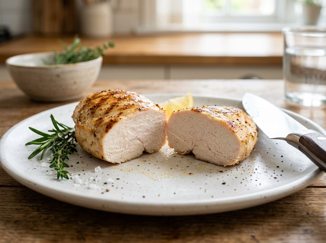 Sliced cooked chicken breast on a white plate with herbs and a kitchen knife nearby.